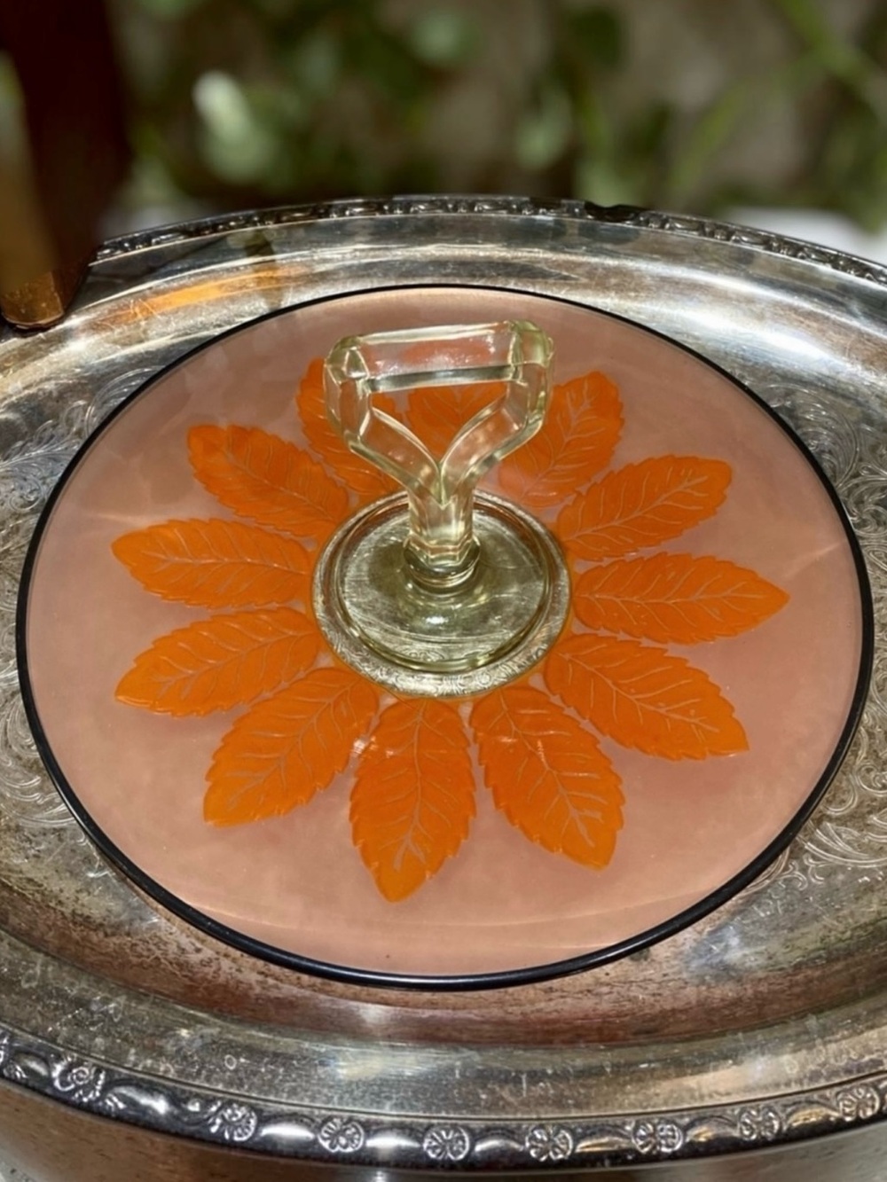 Art Deco Reverse Painted Handled Tray Tidbit Vintage Appetizer Black Orange Pink